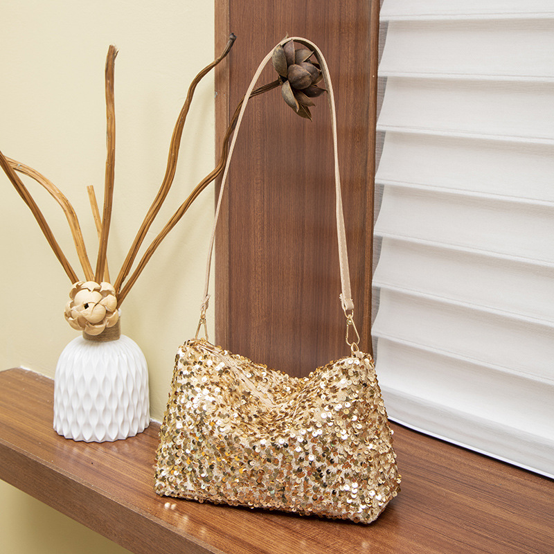 Golden Sequin Crossbody Bag for Women Simple INS Solid Color Sequin Shoulder Bag Underarm Bag Phone Wallet Evening Clutch Bag Handbag