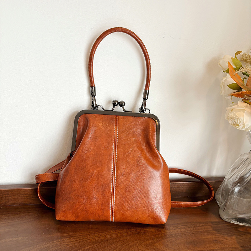 Yellow brown Elegant Kiss Lock Shoulder Bag PU Leather Retro Chinese Style Crossbody Bag Solid Color Large Capacity Vintage Women's Handbag