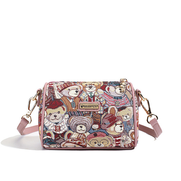 Pink high sense canvas embroidery bear shoulder slung small bag