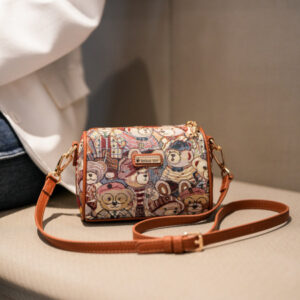 Brown high sense canvas embroidery bear shoulder slung small bag
