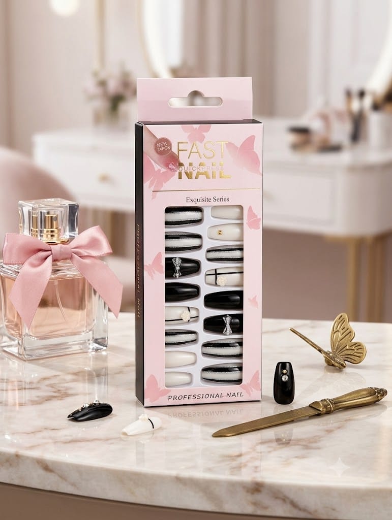 Fast Nail Exquisite Series Professional Fake Nails Set স্টাইলিশ ফেক নেল আর্ট সেট প্রাইস ইন বাংলাদেশ Spiffy BD Black & White