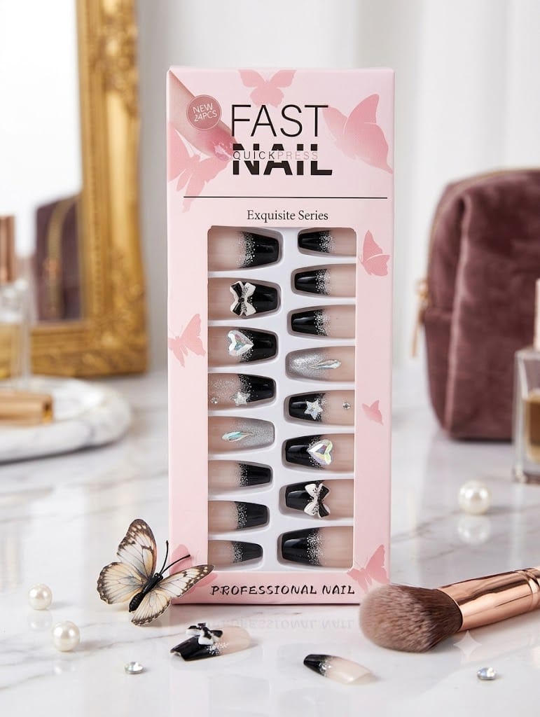 Fast Nail Exquisite Series Professional Fake Nails Set স্টাইলিশ ফেক নেল আর্ট সেট প্রাইস ইন বাংলাদেশ Spiffy BD Black & pink