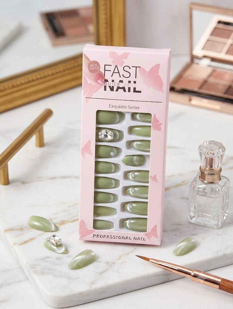 Fast Nail Exquisite Series Professional Fake Nails Set স্টাইলিশ ফেক নেল আর্ট সেট প্রাইস ইন বাংলাদেশ Spiffy BD Light green
