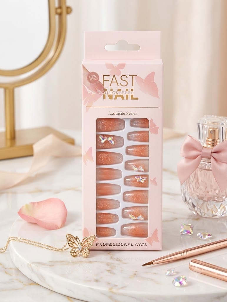 Fast Nail Exquisite Series Professional Fake Nails Set স্টাইলিশ ফেক নেল আর্ট সেট প্রাইস ইন বাংলাদেশ Spiffy BD Light orange